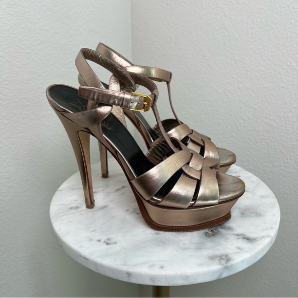 YSL Tribute Blush Metal Platform Sandal Heels 35.5 - Picture 1 of 8